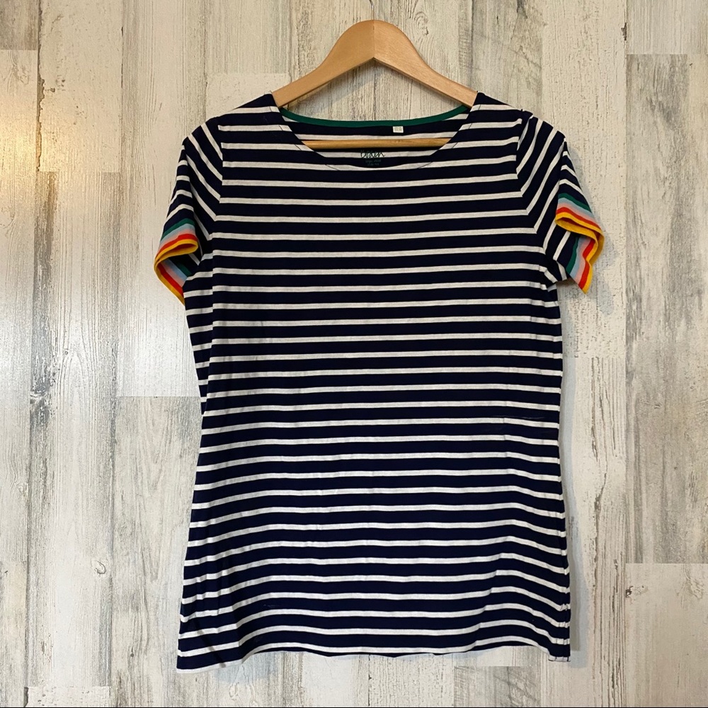Navy and white striped Boden T with rainbow sleeve